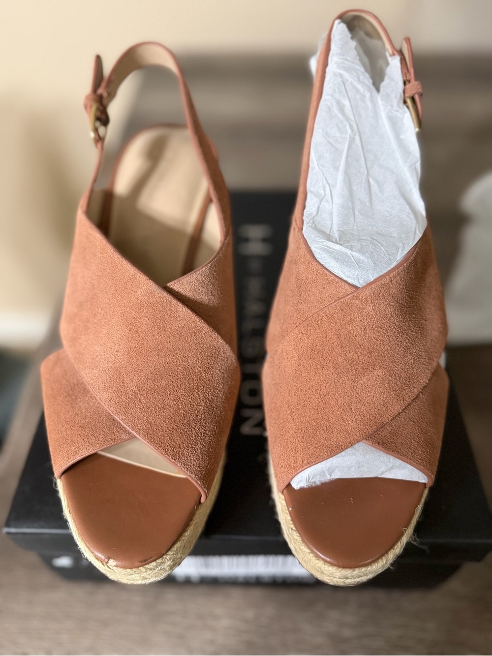 H by Halston Terracotta Suede Crisscross Espadrille Wedges